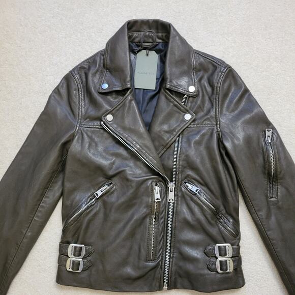 NWT Women's 4 Allsaints Prescott Leather Biker Moto Crop Jacket Dark Khaki Green - Picture 1 of 16